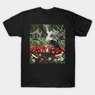 watercolor crow tending garden with mushroom T-Shirt